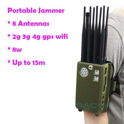 เครื่องรบกวนสัญญาณ GPS แบบมือถือ แบตเตอรี่ 8000mAh 8 เสาอากาศ สำหรับบล็อกสัญญาณ 2G 3G 4G