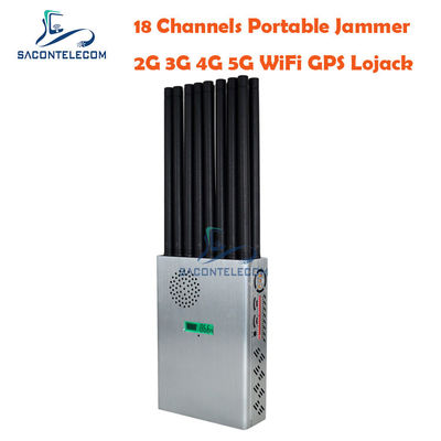 อัตราการทํางานสูง 18 แอนเทนนา 5G Jammer ระยะทาง 20m และแบตเตอรี่ 7.4V สําหรับปิดสัญญาณโทรศัพท์มือถือ