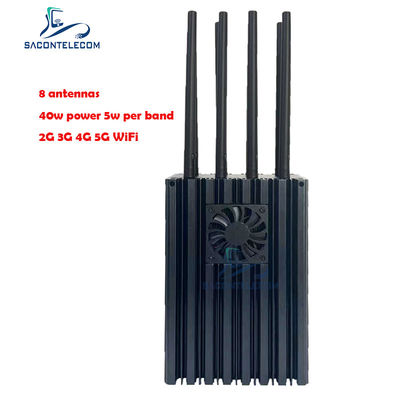 เครื่องยับยับสัญญาณโทรศัพท์มือถือแบบพกพา 8 ช่องที่มี 4-10W ต่อแบนด์ และรัศมียับยับ 50m สําหรับ 5G