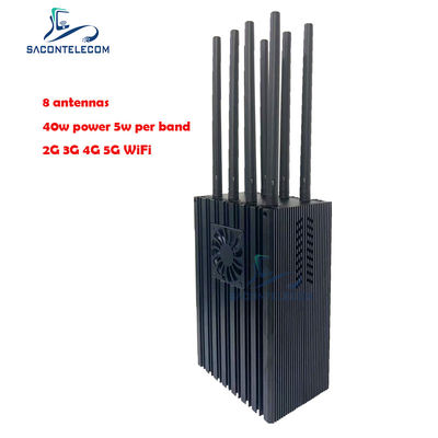 เครื่องยับยับสัญญาณโทรศัพท์มือถือแบบพกพา 8 ช่องที่มี 4-10W ต่อแบนด์ และรัศมียับยับ 50m สําหรับ 5G