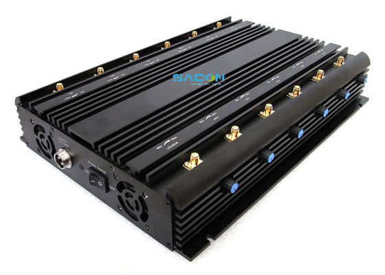 เครื่องรบกวนสัญญาณไร้สาย 30W 12 ช่อง พร้อมดีไซน์อะแดปเตอร์ในรถยนต์ สำหรับการบล็อกโทรศัพท์มือถือในเรือนจำ