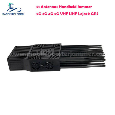 พลังงานออก 21W เครื่องยับยั้งสัญญาณพกพาที่มี 21 อันเทนนาสําหรับ 5G Lojack UHF VHF GPS WiFi Blocking