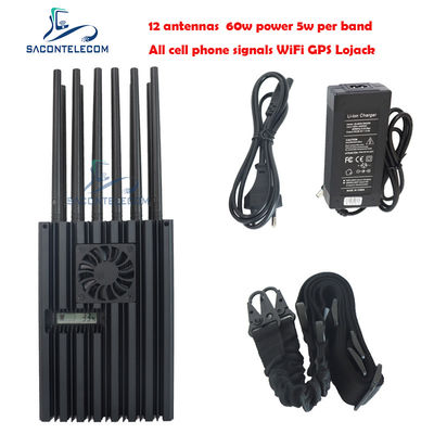 เครื่องยับยับแบบพกพาพลังงานสูง 60W มีรัศมี 40m และ 12 ช่องทางสําหรับ 2G 3G 4G 5G WiFi GPS Lojack